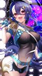  1girl :d absurdres ahoge alternate_costume aqua_belt aqua_gloves azur_lane bangs beret black_leotard black_shorts blurry blush breasts commentary covered_navel cowboy_shot cropped_jacket crossed_bangs depth_of_field eyebrows_visible_through_hair fang foch_(azur_lane) gloves grey_hair groin hair_between_eyes hair_ornament half_gloves hand_up hat highleg highleg_leotard highres holding holding_microphone idol jacket large_breasts leotard long_hair looking_at_viewer microphone multicolored_hair music neck_ribbon o-ring open_mouth pink_eyes purple_hair ribbon seele0907 short_shorts short_sleeves shorts sidelocks singing skin_fang smile solo sparkle standing star_(symbol) star_hair_ornament sweat two-tone_shorts white_headwear white_jacket white_ribbon white_shorts zipper 
