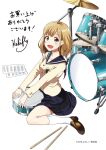  1girl absurdres bangs blonde_hair blue_skirt brown_eyes brown_footwear cymbals drum drum_set drumsticks highres hikarigaoka_high_school_uniform instrument k-on! k-on!_shuffle kakifly looking_at_viewer medium_hair official_art on_floor paper sailor_collar sailor_shirt sakuma_yukari school_emblem school_uniform shirt simple_background sitting skirt solo translation_request white_legwear 