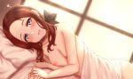  1boy 1girl :d bangs bed bed_sheet black_bow blue_eyes blurry blurry_background blush bow breasts brown_hair collarbone command_spell completely_nude fate/grand_order fate_(series) forehead hair_bow hand_grab heart hetero indoors leonardo_da_vinci_(fate) leonardo_da_vinci_(rider)_(fate) long_hair looking_at_viewer lying naked_sheet nipples nude on_bed on_side open_mouth parted_bangs pillow pov pov_across_bed pov_hands shiny shiny_hair shiny_skin small_breasts smile solo_focus under_covers wakataku window 