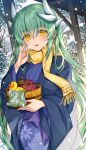  1girl blue_kimono dragon_girl dragon_horns fate/grand_order fate_(series) floral_print green_hair highres holding horns japanese_clothes kimono kiyohime_(fate) kiyohime_(traveling_outfit)_(fate) long_hair morizono_shiki multiple_horns outdoors print_kimono rubber_duck scarf snow snowing solo standing tree wide_sleeves yellow_eyes yellow_scarf 