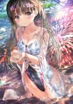  1girl absurdres blue_eyes blush breasts brown_hair cleavage collarbone commentary_request competition_swimsuit dripping eyebrows_visible_through_hair fireworks floral_print flower hair_flower hair_ornament highres holding_water looking_at_viewer ogata_tei one-piece_swimsuit original reflection reflective_water see-through see-through_yukata swimsuit swimsuit_under_clothes twintails wading water water_drop wet 