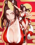  1girl absurdres arm_guards arm_up black_footwear breasts brown_eyes brown_hair cleavage curvy fatal_fury folding_fan hair_tie hand_fan hand_on_hip high_ponytail highres holding holding_fan large_breasts ninja pelvic_curtain ponytail revealing_clothes rope shiranui_mai smile the_king_of_fighters thighs zelus 