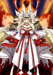  1girl animal_ear_fluff animal_ears bangs bare_shoulders barefoot beast_iv:l blonde_hair blood breasts burning claws cleavage crown dripping duplicate evil_grin evil_smile eyebrows_visible_through_hair fangs fate/grand_order fate_(series) fingernails fire fox_ears fox_girl fox_tail full_body fur-trimmed_kimono fur_trim grin hair_between_eyes highres japanese_clothes kimono kitsune koyanskaya_(fate) large_breasts long_fingernails long_hair looking_at_viewer monster_girl multiple_tails off_shoulder official_art resized rope shimenawa sidelocks smile solo standing tail talisman tamamo_(fate) upscaled very_long_hair wada_arco white_background white_kimono yellow_eyes 
