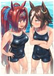  2girls animal_ears bangs bare_arms black_hair black_swimsuit blue_swimsuit blush breasts brown_eyes brown_hair collarbone competition_school_swimsuit crossed_arms daiwa_scarlet_(umamusume) eye_contact eyebrows_visible_through_hair fang grin hair_between_eyes hair_intakes hair_ornament hair_over_one_eye hairclip hand_on_hip highres horse_ears horse_girl horse_tail large_breasts long_hair looking_at_another medium_breasts multicolored_hair multiple_girls one-piece_swimsuit open_mouth ponytail profile red_eyes red_hair school_swimsuit shiden_(sashimi_no_wife) short_hair shorts small_breasts smile standing swimsuit tail teeth tiara twintails two-tone_hair umamusume very_long_hair vodka_(umamusume) water wet white_hair 