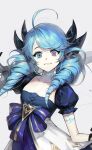  1girl ahoge blue_eyes blue_hair breasts cleavage collarbone cropped drill_hair frills glint grey_background gwen_(league_of_legends) highres league_of_legends light_blue_hair long_hair looking_at_viewer over_shoulder parted_lips puffy_sleeves purple_pupils scar scar_on_arm scar_on_neck simple_background smile solo soyoong_jun striped twintails x-shaped_pupils 