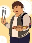  1boy bag brown_hair commentary_request dessert facial_hair fat food heart highres holding male_focus open_mouth original school_bag short_hair smile solo sweets tongs tray yowaifish 