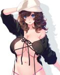  1girl arm_up bangs bare_shoulders bikini blue_eyes breasts brown_hair circle_hitori cleavage collarbone covered_nipples eyebrows_visible_through_hair groin hair_between_eyes hand_on_headwear hat highres large_breasts long_hair long_sleeves looking_at_viewer midriff navel off_shoulder open_mouth original purple_bikini simple_background solo stomach string_bikini swimsuit teeth thick_eyebrows underboob upper_teeth white_background white_headwear 