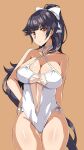  1girl absurdres azur_lane black_hair bow breasts casual_one-piece_swimsuit cleavage clothing_cutout criss-cross_halter hair_bow hair_flaps halterneck hand_on_hip highres large_breasts long_hair looking_at_viewer navel_cutout olly_(ollycrescent) one-piece_swimsuit ponytail ribbon solo swimsuit takao_(azur_lane) takao_(beach_rhapsody)_(azur_lane) thigh_gap white_bow white_ribbon white_swimsuit 