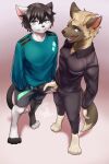  african_wild_dog anthro canid canine clothed clothing custom_ink domestic_cat duo felid feline felis gesture handshake hi_res looking_at_viewer male mammal meme siamkhan standing 