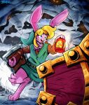  2021 anthro barefoot bottomless carpetwurm cave clothed clothing conditional_dnp detailed_background feet hair hat headgear headwear hi_res lagomorph leporid link_(rabbit_form) male mammal nintendo open_mouth rabbit shield signature smile solo the_legend_of_zelda treasure_chest video_games 