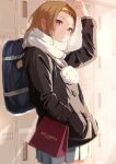  1girl absurdres arm_up bag black_coat brown_eyes brown_hair coat hair_intakes hairband hand_in_pocket highres indoors k-on! long_sleeves medium_hair necosuna7l parted_lips scarf school_bag solo standing tainaka_ritsu white_scarf yellow_hairband 