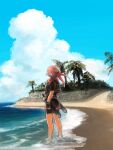  1boy beach black_gloves black_shorts black_vest blue_sky bodystocking cloud facing_away fingerless_gloves from_behind from_side gensou_suikoden gensou_suikoden_iv gloves headband lazlo_(gensou_suikoden) male_focus maru-pan nature ocean palm_tree red_hair red_scarf retaining_wall road scarf short_hair short_sleeves shorts sky solo standing tree vest wading 