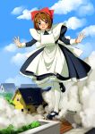  1girl absurdres antenna_hair black_dress black_footwear blue_sky bow brown_hair cardcaptor_sakura cloud commission destruction dress eudetenis frilled_dress frills giant giantess green_eyes hair_bow highres house juliet_sleeves kinomoto_sakura light_blush long_sleeves looking_at_viewer mary_janes open_mouth pantyhose puffy_sleeves red_bow shoes short_hair sky solo sweatdrop white_legwear 