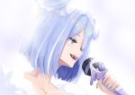  1girl bangs blue_eyes blue_hair collarbone elira_pendora english_commentary fangs fur_trim hair_over_one_eye head_wings highres holding holding_microphone looking_down microphone music nijisanji nijisanji_en off_shoulder one_eye_covered open_mouth qtini short_hair singing smile solo 