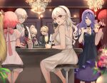  4boys 5girls alcohol alternate_costume blonde_hair bow breasts brown_eyes card choker cleavage closed_eyes corrin_(fire_emblem) corrin_(fire_emblem)_(female) cup dress drink drinking_glass elise_(fire_emblem) fire_emblem fire_emblem_fates glass grey_eyes grey_hair hair_over_one_eye hairband haru_(nakajou-28) highres indoors jakob_(fire_emblem) leo_(fire_emblem) long_hair looking_at_viewer looking_back medium_breasts multiple_boys multiple_girls open_mouth pink_hair pointy_ears ponytail purple_eyes purple_hair red_eyes red_hair sakura_(fire_emblem) short_hair shuffling_cards sitting smile stool takumi_(fire_emblem) twintails very_long_hair 