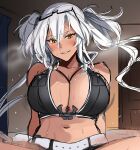  1girl anchor bikini blush breasts brown_eyes dark_skin glasses grin heavy_breathing highres implied_sex kantai_collection large_breasts looking_at_viewer motion_lines musashi_(kancolle) musashi_kai_ni_(kancolle) sketch smile sweat swimsuit white_hair yunamaro 