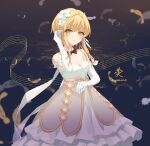  1girl alternate_costume bare_shoulders blonde_hair blush bow bowtie breasts capelet cleavage dark_background dress elbow_gloves eyelashes feather_hair_ornament feathers flower genshin_impact gloves hair_between_eyes hair_flower hair_ornament looking_at_viewer lumine_(genshin_impact) short_hair white_dress white_flower xunxia yellow_eyes 