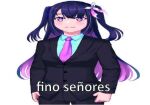  alternate_costume bad_aspect_ratio belt black_hair blank_stare blue_ribbon blue_shirt blush buttons collared_shirt color_filter colored_inner_hair dress_shirt eyebrows_visible_through_hair facing_viewer fino_senores_(meme) flower formal hair_flower hair_ornament hair_ribbon hand_in_pocket hina_misora light_smile long_hair looking_afar meme multicolored_eyes multicolored_hair necktie pant_suit photo-referenced pink_hair pink_necktie purple_eyes ribbon shirt simple_background spanish_flag streaked_hair suit suit_jacket translation_request two-tone_hair two_side_up virtual_youtuber wactor_production white_background white_flower wing_collar yellow_eyes yof_(sc_gazer) 