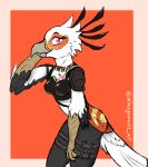  accipitriform anthro ashiria_(funa) avian beak bird digital_media_(artwork) feathers female fur half-length_portrait hi_res miaugames21 portrait purple_eyes secretary_bird simple_background smile solo wings 