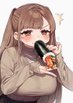  1girl ^^^ blush breasts brown_eyes brown_hair brown_shirt commentary_request duplicate eating ehoumaki eyebrows_visible_through_hair food food_in_mouth highres holding holding_food kodama_(sakura_yuki) large_breasts long_hair long_sleeves looking_at_viewer makizushi mouth_hold original pixel-perfect_duplicate sakura_yuki_(clochette) shirt simple_background sushi white_background 