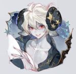  1boy animal_ears aries_(lord_of_heroes) colored_skin horns kuzuvine looking_at_viewer lord_of_heroes red_eyes sheep_boy sheep_ears sheep_horns star_(symbol) white_background white_hair white_skin 