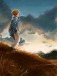  1boy arrow_(projectile) blue_shirt brown_hair cloud day field from_side gensou_suikoden gensou_suikoden_iv grass hand_in_pocket long_sleeves male_focus maru-pan mountainous_horizon nature pants quiver shirt short_hair sky solo standing ted_(suikoden) white_pants 