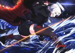  1girl azur_lane black_cape black_headwear black_legwear black_shirt black_shorts burning_clothes cape fingerless_gloves from_side gloves hat highres holding holding_sword holding_weapon horns kinu_(azur_lane) long_hair looking_at_viewer oni_horns peaked_cap red_gloves sakamoto_(slopepepepe) shirt shorts sideways_glance solo sword thighhighs water weapon white_hair yellow_eyes 