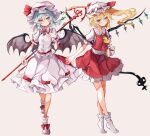  2girls absurdres ascot bat_wings blush bobby_socks boots bow breasts crystal eyebrows_visible_through_hair flandre_scarlet frilled_shirt_collar frills full_body hair_between_eyes hand_up hat hat_bow head_tilt highres holding holding_polearm holding_weapon laevatein_(touhou) light_blue_hair looking_at_viewer medium_hair mob_cap multiple_girls one_side_up petticoat pink_footwear pink_headwear pointy_ears polearm puffy_short_sleeves puffy_sleeves red_bow red_eyes red_skirt red_vest remilia_scarlet shirt short_hair_with_long_locks short_sleeves siblings simple_background sisters skirt small_breasts smile socks spear_the_gungnir tiptoes touhou tsune_(tune) vest weapon white_background white_headwear white_legwear white_shirt white_skirt wings wrist_cuffs yellow_ascot 