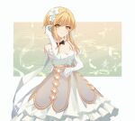  1girl alternate_costume bare_shoulders blonde_hair blush bow bowtie breasts capelet cleavage dress elbow_gloves eyelashes feather_hair_ornament feathers flower genshin_impact gloves hair_between_eyes hair_flower hair_ornament looking_at_viewer lumine_(genshin_impact) short_hair white_background white_dress white_flower xunxia yellow_eyes 