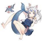  1girl animal animal_ear_fluff animal_ears arm_up barefoot bloop_(gawr_gura) blue_eyes blue_hair blush can closed_mouth eyebrows_visible_through_hair fish_tail gawr_gura grey_hair highres hololive hololive_english long_hair multicolored_hair official_alternate_costume open_mouth scar shark shark_tail sharp_teeth side_ponytail signature simple_background soyoong_jun stitches streaked_hair tail teeth upper_teeth virtual_youtuber white_background 