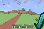  bakmi_(mkn_bkm) blue_sky cloud commentary day diamond_pickaxe diamond_sword english_commentary fake_screenshot grass heart highres minecraft no_humans outdoors pov sky tnt torch tree user_interface 