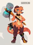  absurd_res accessory anklet anthro blue_eyes blue_tongue breasts clothing collar featureless_breasts featureless_crotch female footwear furgonomics hammer hi_res holding_object holding_weapon horn jewelry knife kobold looking_at_viewer markings navel orange_body scalie simple_background solo tail_accessory tongue tongue_out tools warhammer_(weapon) waspsalad weapon 