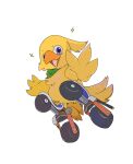  animal_focus bandana chin_chilla_(tinntira) chocobo chocobo_racing commentary final_fantasy from_below full_body green_bandana happy highres looking_at_viewer no_humans open_mouth purple_eyes roller_skates simple_background skates smile solo sparkle w white_background 