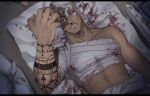  1boy arm_tattoo bandaged_head bandages bed_sheet blood dark-skinned_male dark_skin fujitachobi fullmetal_alchemist highres indoors large_pectorals looking_at_hand lying male_focus muscular muscular_male on_back on_bed pectorals red_eyes scar_(fma) solo tattoo teeth white_hair 