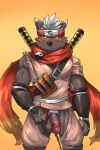  anthro armor balls blush bodily_fluids canid canine canis chaps circumcised clothed clothing domestic_dog embarrassed fully_clothed gauntlets genital_fluids genitals gloves handwear hi_res lifewonders male mammal muscular_arms ninja peeing penis pubes pulled_to_side scarf scroll solo tadatomo tokyo_afterschool_summoners urine urine_stream video_games warrior weedwolfeatmeat 