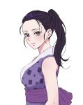  1girl black_hair commentary forehead gunbam0_0 highres hinatsuru_(kimetsu_no_yaiba) kimetsu_no_yaiba korean_commentary mole mole_under_eye purple_eyes simple_background white_background 