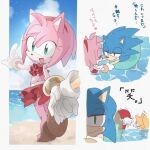  1girl 3boys amy_rose anger_vein beach false_smile furry furry_female furry_male gloves green_eyes half-closed_eyes holding_hands innertube knuckles_the_echidna kohane01 multiple_boys ocean open_mouth partially_submerged pointing smile sonic_(series) sonic_the_hedgehog swimming tails_(sonic) translation_request white_gloves 
