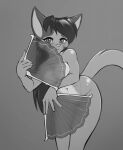  anthro blush breasts domestic_cat dreamkeepers felid feline felis female folding_fan fur greyscale hair hand_fan hi_res lilith_calah mammal monochrome navel nude pupils remarkably_average slit_pupils solo 