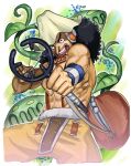  1boy afro black_hair commentary_request fujitachobi highres long_nose looking_at_viewer male_focus muscular muscular_male one_piece slingshot smile solo teeth usopp weapon 