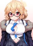  1girl ahoge between_breasts black-framed_eyewear blonde_hair blue_archive blue_necktie blush braid breasts cleavage closed_mouth collared_shirt commentary eyebrows_visible_through_hair fur-trimmed_jacket fur_trim glasses gradient gradient_background hair_between_eyes halo highres itou_yuuji jacket kotori_(blue_archive) large_breasts looking_at_viewer navel necktie necktie_between_breasts open_clothes open_jacket pink_background pleated_skirt red_eyes reward_available semi-rimless_eyewear shirt sitting skirt smile solo under-rim_eyewear white_shirt 