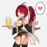  1girl ahoge alcohol bare_shoulders beer beer_mug black_bow black_legwear black_panties blue_eyes bow commission covered_navel cup detached_sleeves eyes_visible_through_hair garter_straps grey_background hair_over_one_eye heart highres holding holding_tray long_hair mahaguriy maid_headdress mug open_mouth original panties ponytail red_hair simple_background skeb_commission skindentation smile solo speech_bubble spoken_heart symbol-shaped_pupils thighhighs tongue tray turtleneck underwear waving wide_sleeves x-shaped_pupils 