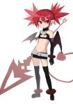  1girl arm_belt bandeau bangs bare_shoulders belt belt_buckle black_collar black_gloves black_legwear black_skirt blush boots bracelet buckle closed_mouth collar collarbone demon_tail demon_wings disgaea earrings elbow_gloves etna eyebrows_visible_through_hair flat_chest full_body gloves groin hair_between_eyes highres holding holding_polearm holding_weapon jewelry lance light_frown microskirt navel pencil_skirt pointy_ears polearm red_eyes red_hair short_hair short_hair_with_long_locks sidelocks simple_background skindentation skirt skull_earrings slit_pupils solo standing tail thigh_boots thighhighs twintails weapon white_background white_belt wings wuju_(1198979953) zettai_ryouiki 