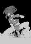  1girl breasts cropped_jacket cyrano earrings full_body gloves greyscale highres jewelry leona_heidern medium_breasts midriff monochrome ponytail short_shorts shorts sidelocks solo spread_legs squatting the_king_of_fighters 