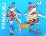  ? anthro blue_body blue_skin breasts cleaver_(weapon) clothing ear_piercing eyes_closed feet female fish foretbwat goblin hi_res humanoid humanoid_feet hybrid marine melee_weapon one_eye_obstructed piercing scar shark tamaki_(foretbwat) torn_clothing weapon 