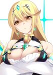  bangs bare_shoulders blonde_hair breasts chest_jewel cleavage cleavage_cutout clothing_cutout daive dress earrings elbow_gloves gloves highres jewelry large_breasts long_hair mythra_(xenoblade) short_dress swept_bangs tiara very_long_hair white_dress white_gloves xenoblade_chronicles_(series) xenoblade_chronicles_2 yellow_eyes 