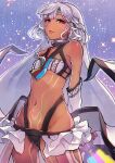  1girl altera_(fate) bangs breasts collarbone dark-skinned_female dark_skin detached_sleeves eyebrows_visible_through_hair fate/extella fate/extra fate/grand_order fate_(series) full-body_tattoo headdress highres holding holding_sword holding_weapon kachin looking_at_viewer navel red_eyes revealing_clothes short_hair small_breasts smile solo sword tattoo veil weapon white_hair white_sleeves 