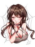  1girl absurdres black_choker blush breasts brown_eyes choker cleavage collarbone eyebrows_visible_through_hair hair_behind_ear highres indie_virtual_youtuber large_breasts leon_decarabia licking_lips long_hair mina_aoyama one_eye_closed portrait silk solo spider_hair_ornament spider_web tongue tongue_out virtual_youtuber white_background 