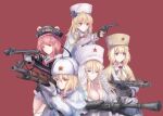  5girls absurdres bangs battle_rifle black_gloves blonde_hair blue_eyes bolt_action braid breasts brown_headwear cleavage closed_mouth coat coat_dress dp-28 dp28_(girls&#039;_frontline) eyebrows_visible_through_hair fingerless_gloves fur-trimmed_coat fur_trim girls&#039;_frontline gloves gun hair_between_eyes hair_ornament hairclip hat highres holding holding_gun holding_weapon large_breasts light_blue_eyes long_hair looking_at_viewer machine_gun martinreaction military_hat mosin-nagant mosin-nagant_(girls&#039;_frontline) multiple_girls nagant_m1895 nagant_revolver_(girls&#039;_frontline) papakha pink_hair pps-43 pps-43_(girls&#039;_frontline) ppsh-41 ppsh-41_(girls&#039;_frontline) red_background red_eyes revolver rifle serious single_braid small_breasts smile standing submachine_gun telnyashka weapon white_coat white_gloves white_headwear 