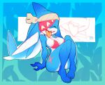  2022 blue_body blue_skin breasts eyes_closed feet fish foretbwat goblin hi_res humanoid humanoid_feet hybrid marine one_eye_obstructed shark tamaki_(foretbwat) tongue tongue_out 