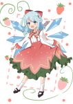  1girl absurdres bangs black_footwear blue_eyes blush bow center_frills cirno commentary dress eyebrows_visible_through_hair fang flower food food_print frills fruit full_body hair_bow hair_flower hair_ornament highres ice ice_wings light_blue_hair long_sleeves mary_janes medium_hair open_mouth pahenyon pinafore_dress red_bow shirt shoes simple_background skirt_hold smile socks solo standing strawberry strawberry_day strawberry_dress strawberry_print touhou white_background white_legwear white_shirt wings 